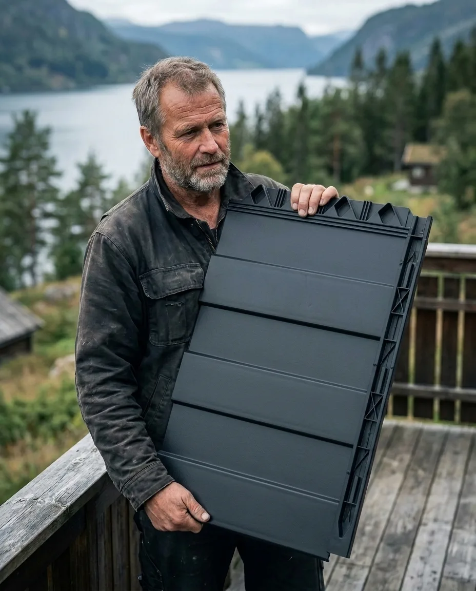 Man with composite roof panel on cabin roof