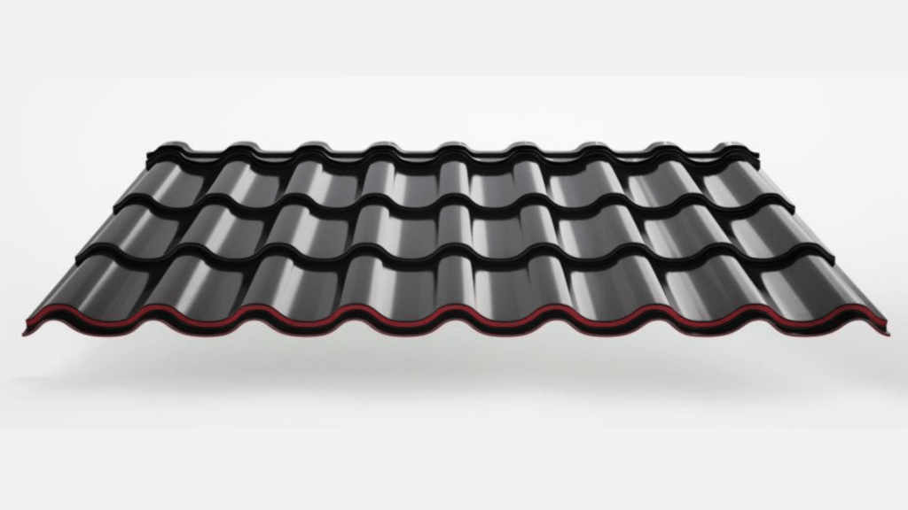 One black curved composite roof pan on a neutral white background.