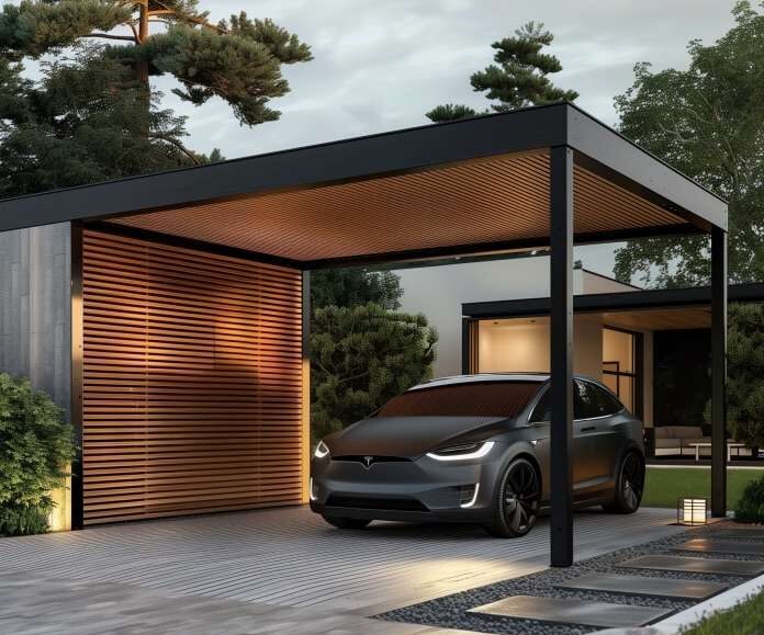 Matte black modern composite carport in front of a house. A matte Tesla Model X under the carport.