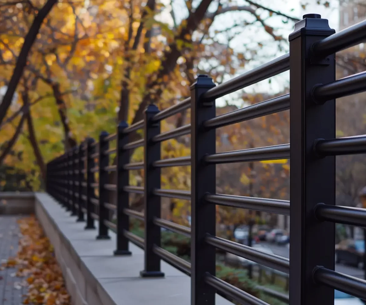 Landscape product. Matte black composite railing in an urban landscape.