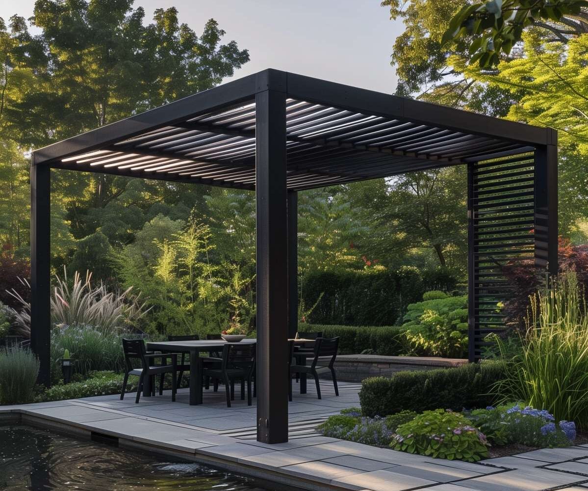 Matte black composite pergola in a beautiful garden. Table and chairs under the pergola.