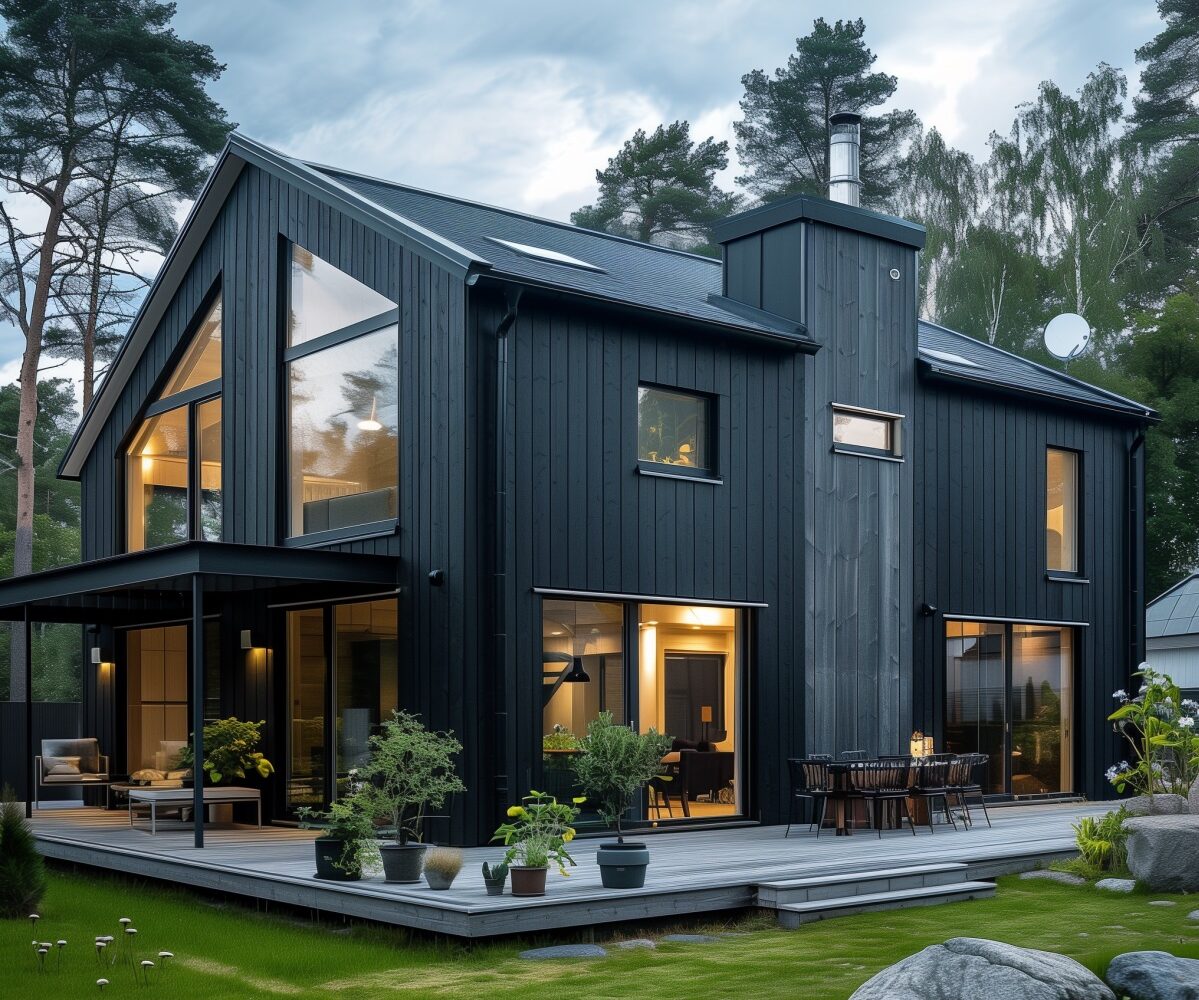 Dark gray composite cladding on a Scandinavian inspired house.