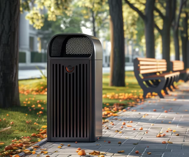 Landscape product - a composite waste bin. A modern, sleek composite trash bin with a curved black top and vertical slats stands on a cobblestone path and an autumn landscape. In the background, wooden benches align the path under a canopy of trees with golden fall foliage.