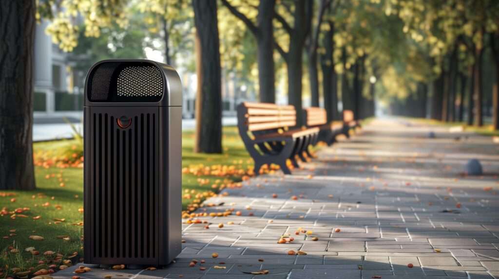 Landscape product - a composite waste bin. A modern, sleek composite trash bin with a curved black top and vertical slats stands on a cobblestone path and an autumn landscape. In the background, wooden benches align the path under a canopy of trees with golden fall foliage.