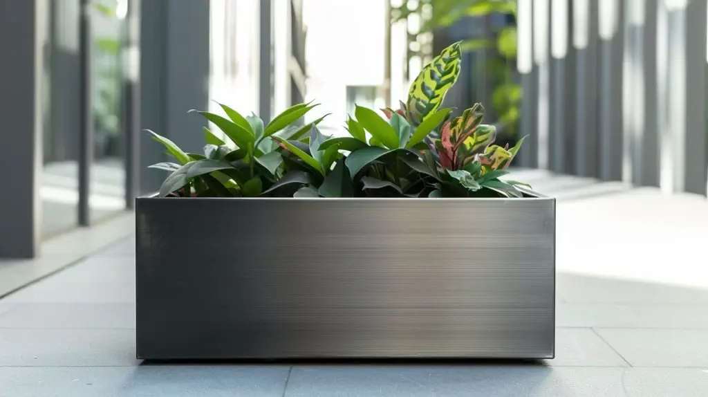 A landscape product - composite planter. An elongated, rectangular, glossy composite planter box on a grey tiled floor, filled with a lush assortment of green plants. Some of the plants have broad leaves, while others exhibit more slender foliage. There is a plant with variegated leaves of green and yellow, adding a splash of color to the arrangement. The planter is situated outdoors, with a blurred background hinting at an urban landscape with modern architecture.