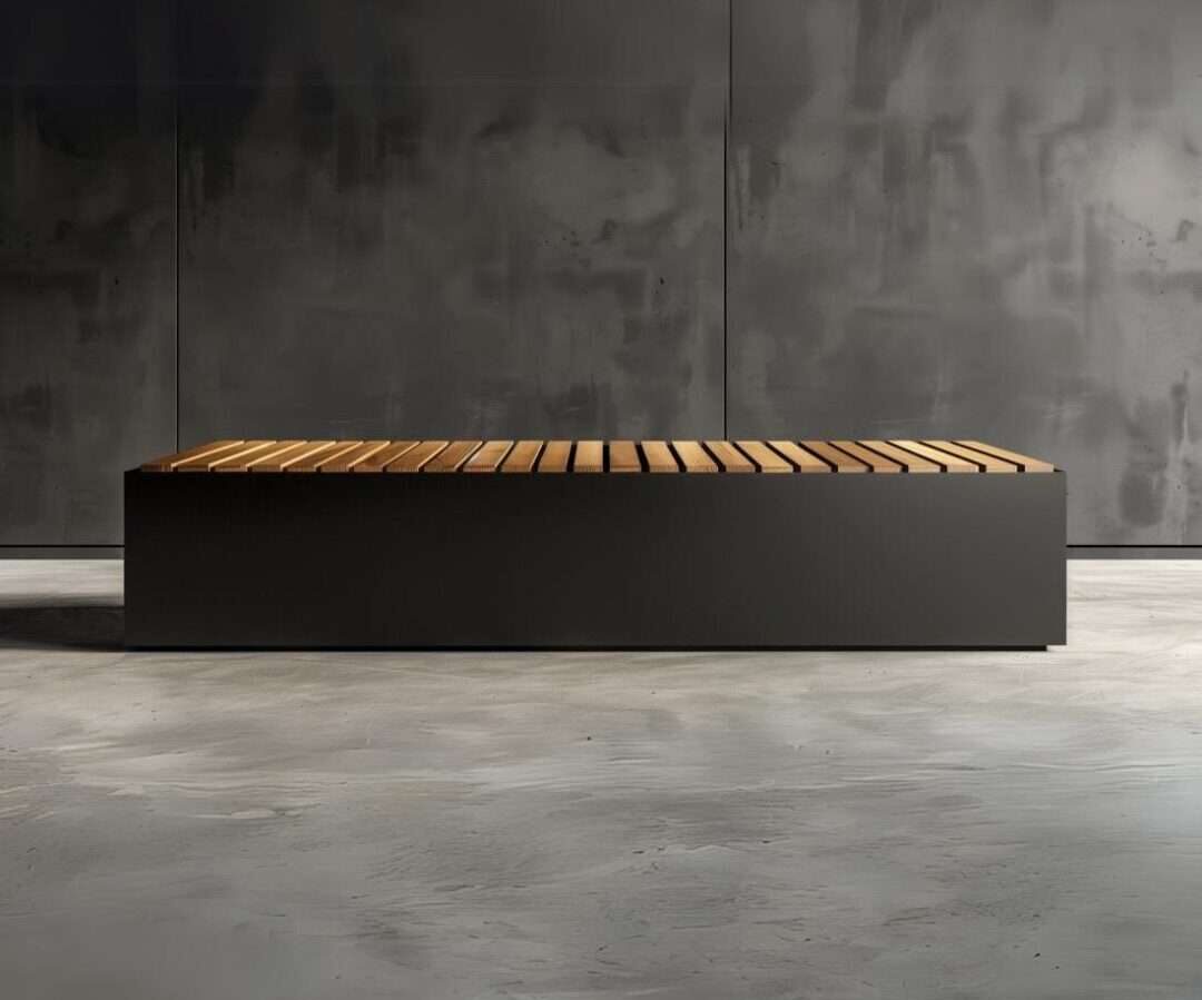 Landscape product - a composite bench. A modular composite bench for modern landscape with matte gray sides and wooden planks on top on a neutral gray background.