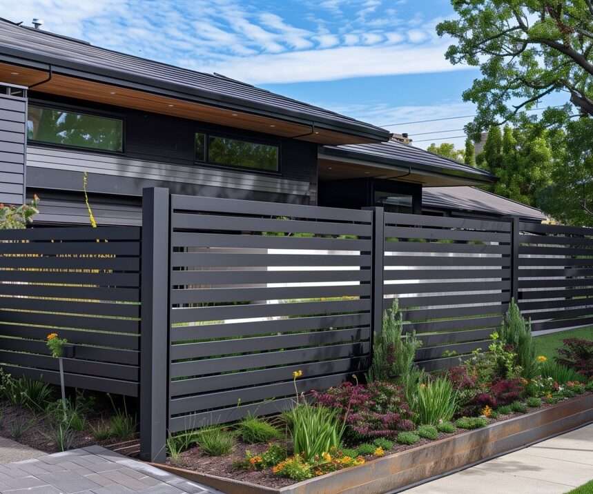 Matte black composite fence in front of a wooden Scandinavian styled house.