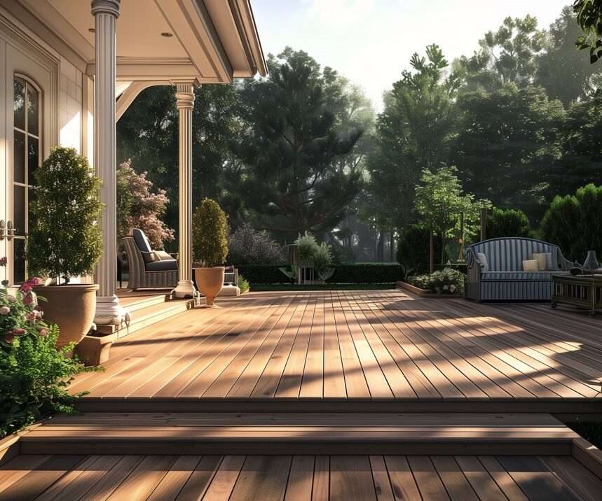 Home visualisation. A picture of a high end composite house deck in a villa in the forest.