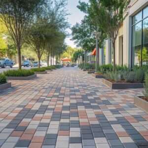 A bustling urban sidewalk enhanced with durable composite pavers arranged in a colorful herringbone pattern, adding a touch of sophistication to the pedestrian pathway. The walkway is lined with well-manicured greenery and modern, raised planters, providing a natural contrast to the robust paving material. This scene captures the vibrant street life, showcasing the practical and aesthetic benefits of composite pavers in city landscaping, ideal for high-traffic areas where both beauty and functionality are key.