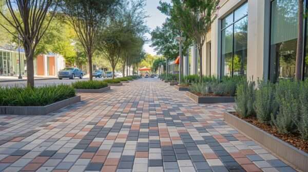 A bustling urban sidewalk enhanced with durable composite pavers arranged in a colorful herringbone pattern, adding a touch of sophistication to the pedestrian pathway. The walkway is lined with well-manicured greenery and modern, raised planters, providing a natural contrast to the robust paving material. This scene captures the vibrant street life, showcasing the practical and aesthetic benefits of composite pavers in city landscaping, ideal for high-traffic areas where both beauty and functionality are key.