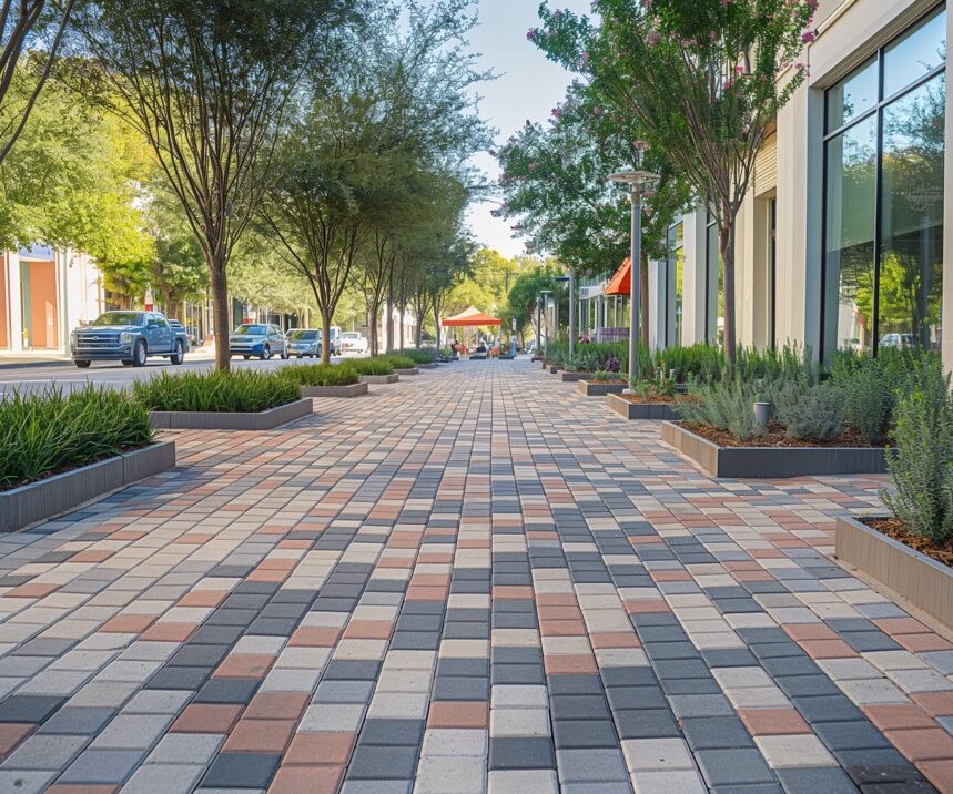 A bustling urban sidewalk enhanced with durable composite pavers arranged in a colorful herringbone pattern, adding a touch of sophistication to the pedestrian pathway. The walkway is lined with well-manicured greenery and modern, raised planters, providing a natural contrast to the robust paving material. This scene captures the vibrant street life, showcasing the practical and aesthetic benefits of composite pavers in city landscaping, ideal for high-traffic areas where both beauty and functionality are key.