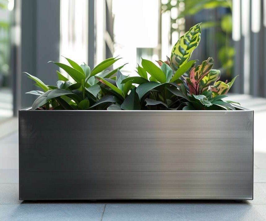 A landscape product - composite planter. An elongated, rectangular, glossy composite planter box on a grey tiled floor, filled with a lush assortment of green plants. Some of the plants have broad leaves, while others exhibit more slender foliage. There is a plant with variegated leaves of green and yellow, adding a splash of color to the arrangement. The planter is situated outdoors, with a blurred background hinting at an urban landscape with modern architecture.