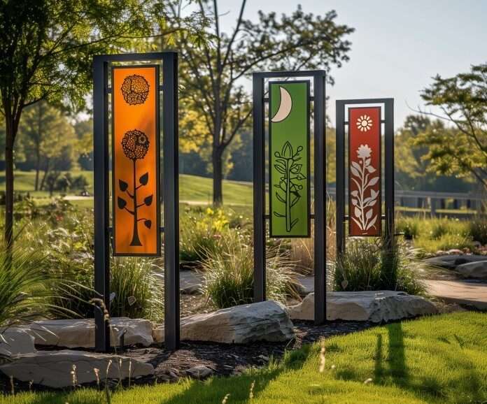 Landscape product. Composite signs showing different symbols, one in yellow, other in green and last in red, in a park on a sunny day for landscape areas.