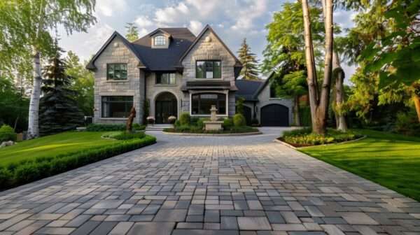 Home products - An elegant two-story home featuring composite shingles on steeply pitched roofs and a façade of stone veneers. The curving driveway is composed of neatly arranged composite pavers, leading to a dark-toned garage door that matches the home’s color palette. Lush, manicured lawns border the driveway, and a variety of trees and shrubs add to the home's stately presence.