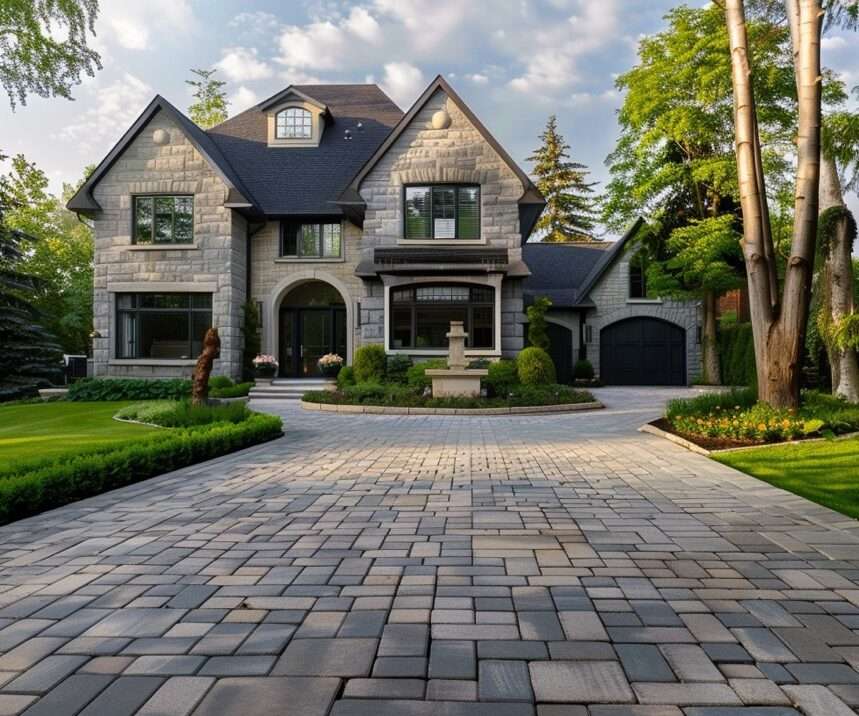 Home products - An elegant two-story home featuring composite shingles on steeply pitched roofs and a façade of stone veneers. The curving driveway is composed of neatly arranged composite pavers, leading to a dark-toned garage door that matches the home’s color palette. Lush, manicured lawns border the driveway, and a variety of trees and shrubs add to the home's stately presence.